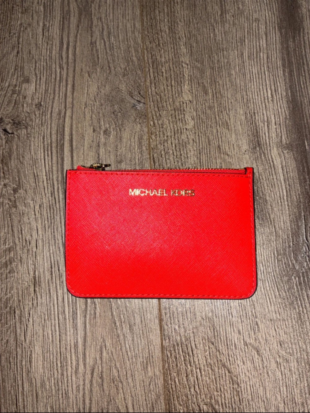 Michael Kors Bright Red/Pink Saffiano Zip Card Case with Gold Logo
